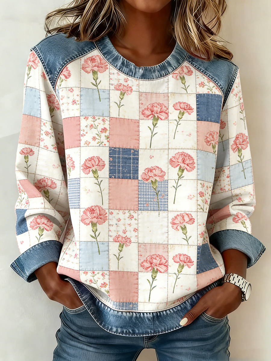 Frauen Nelke Blumen druck Denim Patchwork Top