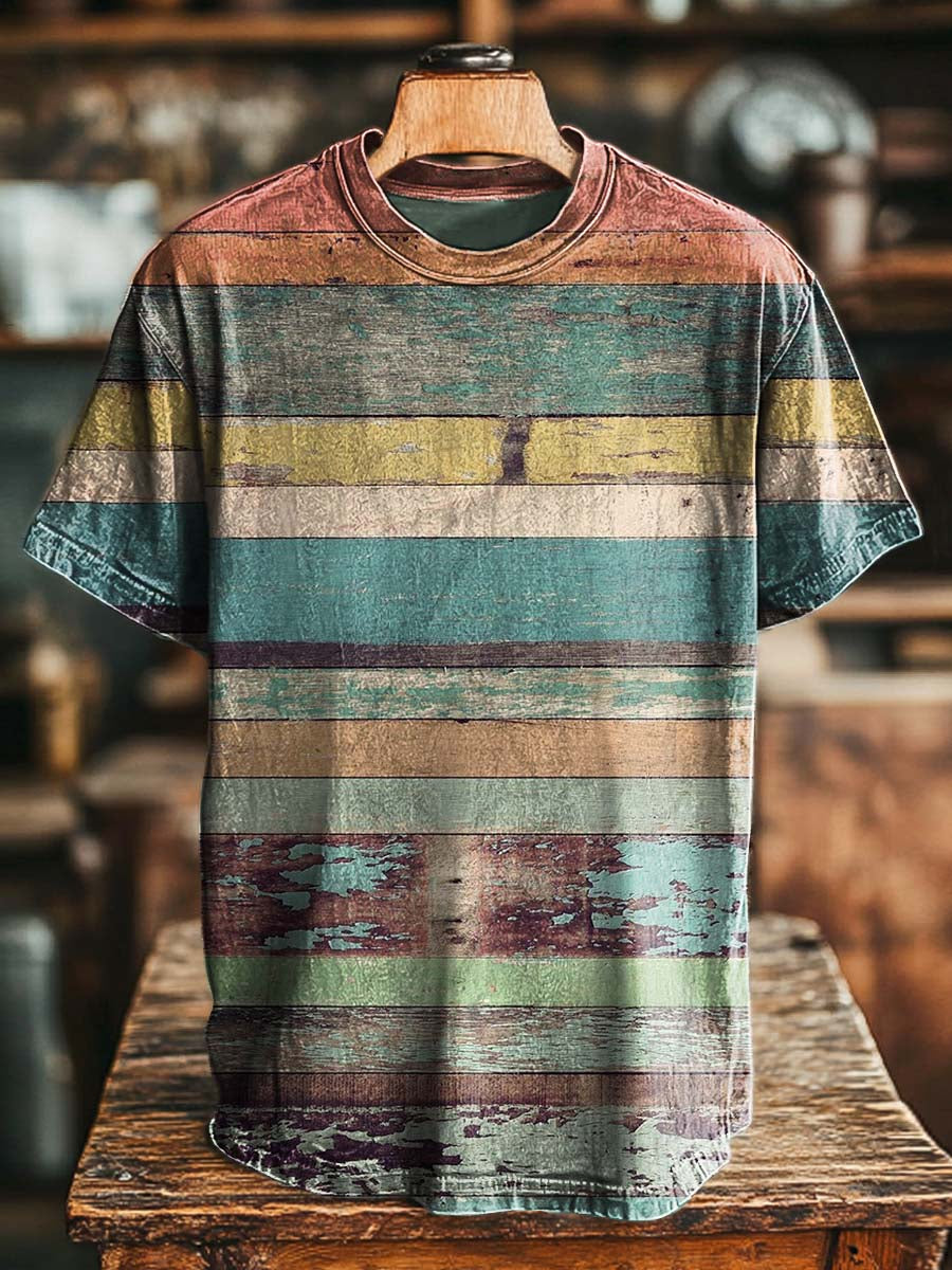 Vintage-Stil Holzmaserung-Print-lässiges Kurzarm-T-Shirt