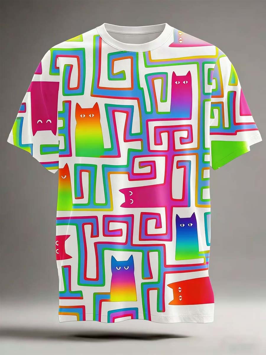 Schwarz Katze Labyrinth Print Lässiges Kurzarm-T-Shirt
