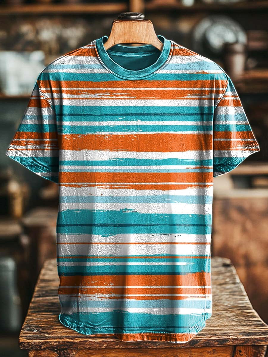 Vintage-Kurzarm-T-Shirt mit gestreiften Print-Farben blockiert