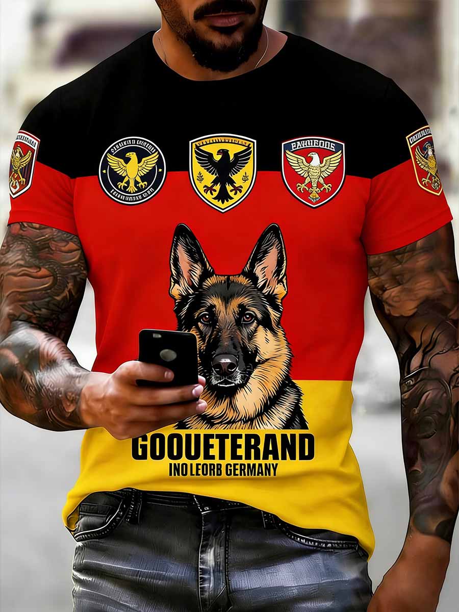 Herren-Retro-Deutscher-Schäferhund-Print-Casual-T-Shirt