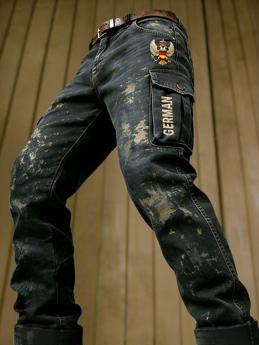 Herren deutsche Flagge Vintage-gewaschener Druck lässige Arbeits hose