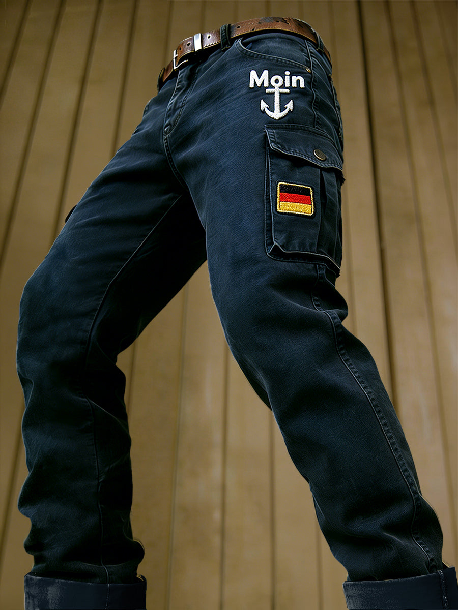 Herren dunkelblaue deutsche Flagge „ Moin “Print Freizeit-Arbeits kleidung