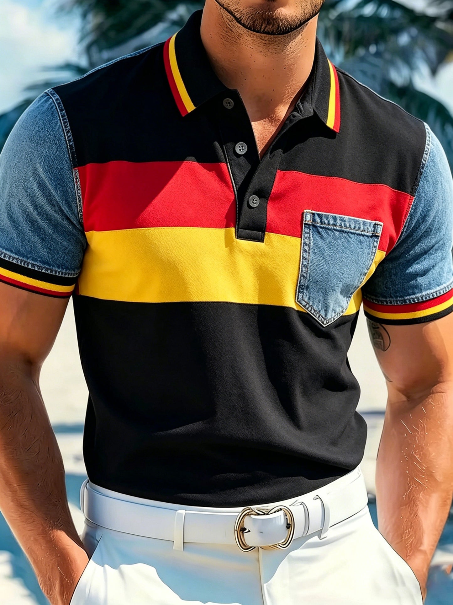 Herren-Polo mit Kunstprint im Farbschema der deutschen Flagge