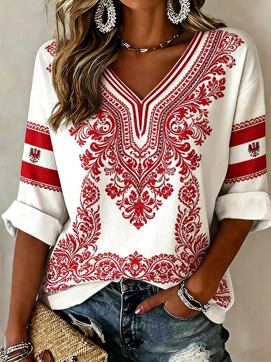 Damen-Top mit V-Ausschnitt und ethnisch inspiriertem Print