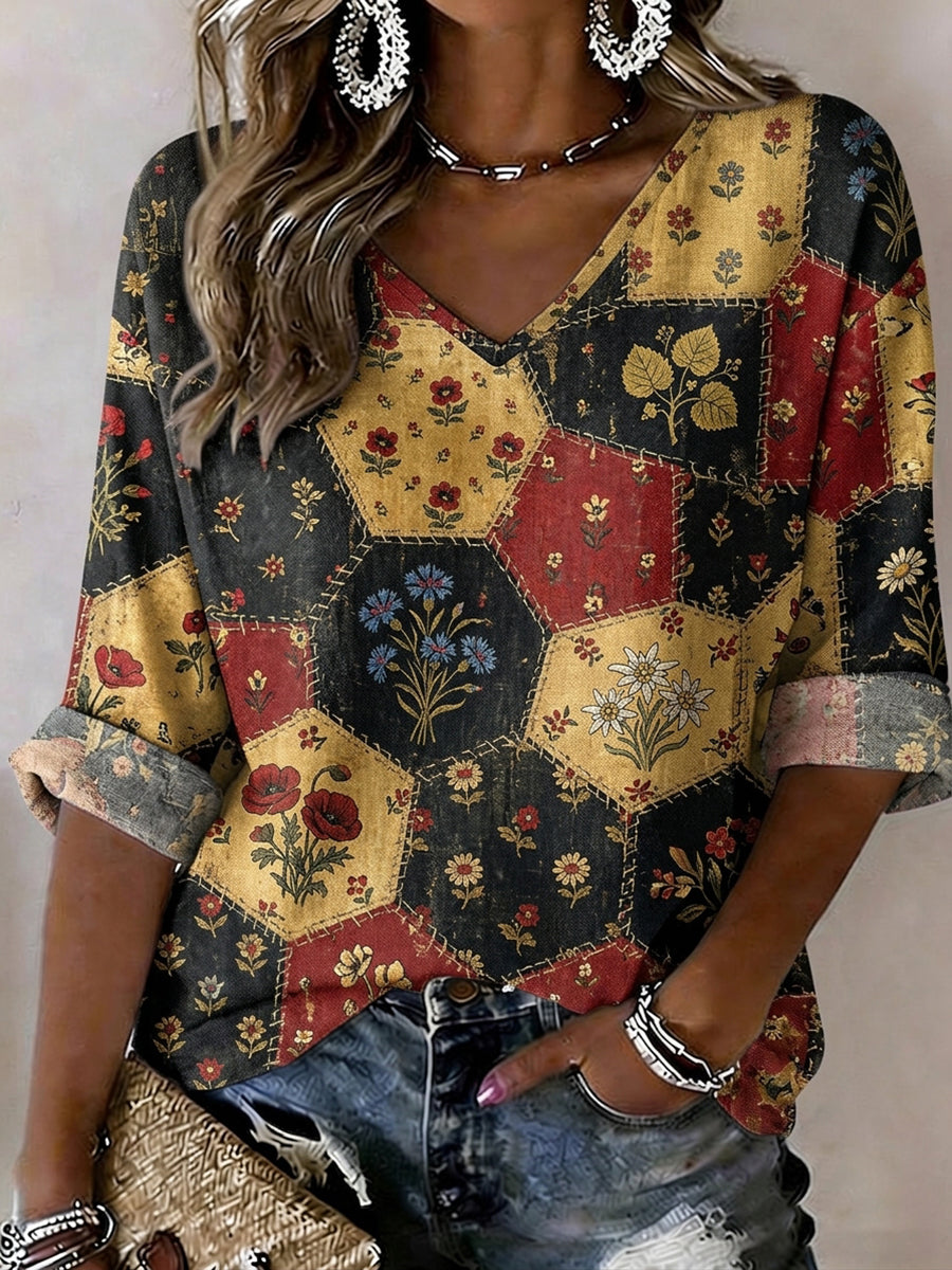 Damen-Leinen-Top mit Blumen druck
