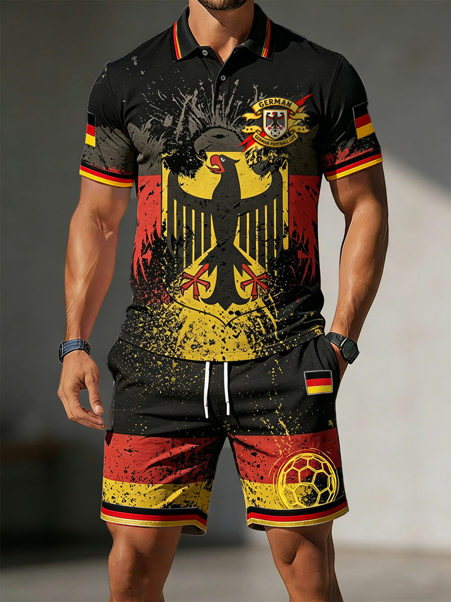 Männer schwarze deutsche Flagge Fußball Graffiti Print Sport Polo Shirt und Shorts Set