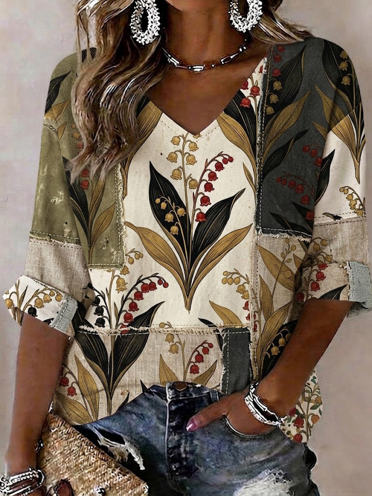 Damen-Maiglöckchen-Print Mid-Länge Ärmel V-Ausschnitt T-Shirt