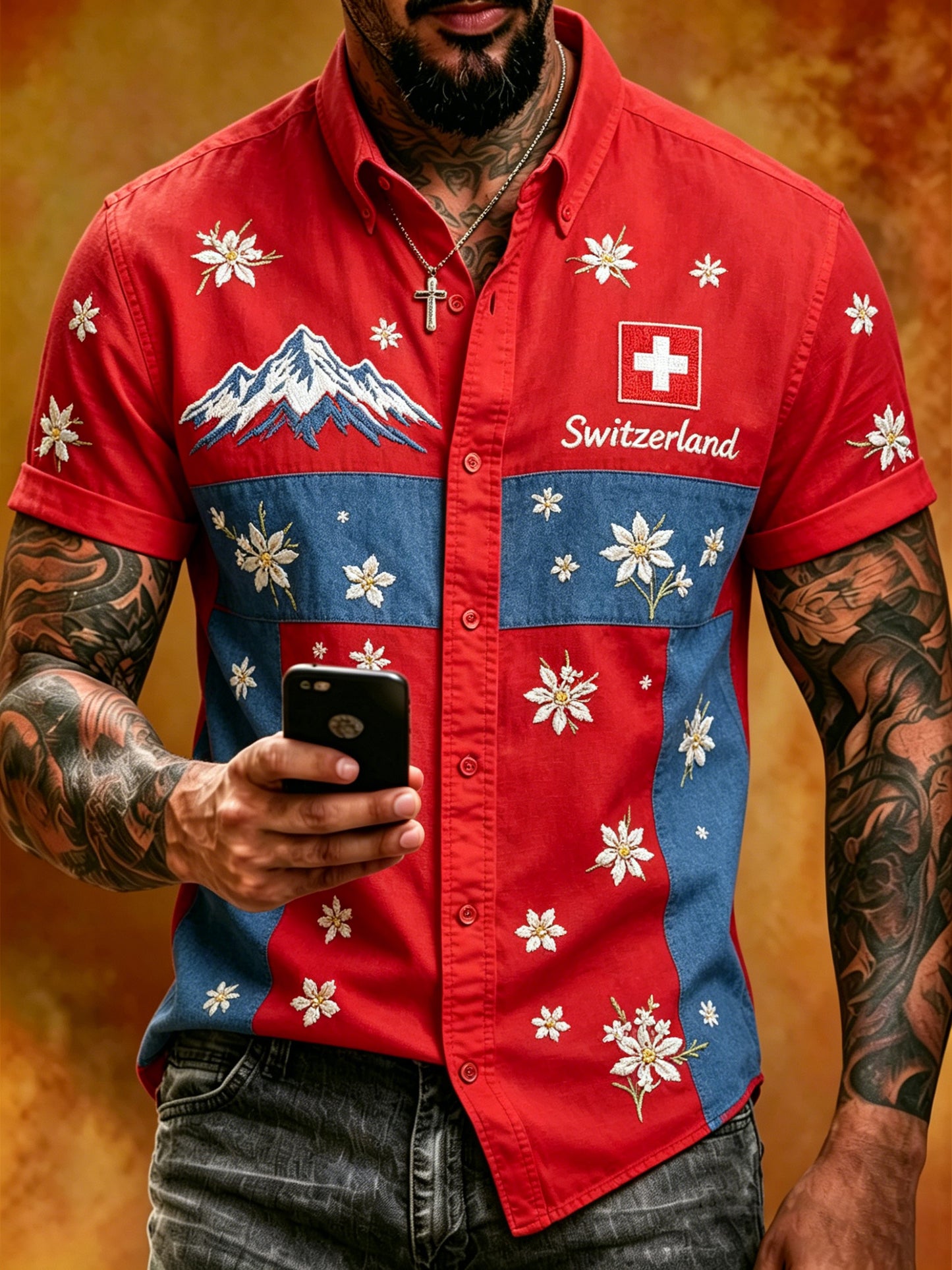 Herren-Shirt mit Schweizer Flaggen- und Alpenmotiv, kurze Ärmel, artistischer Print