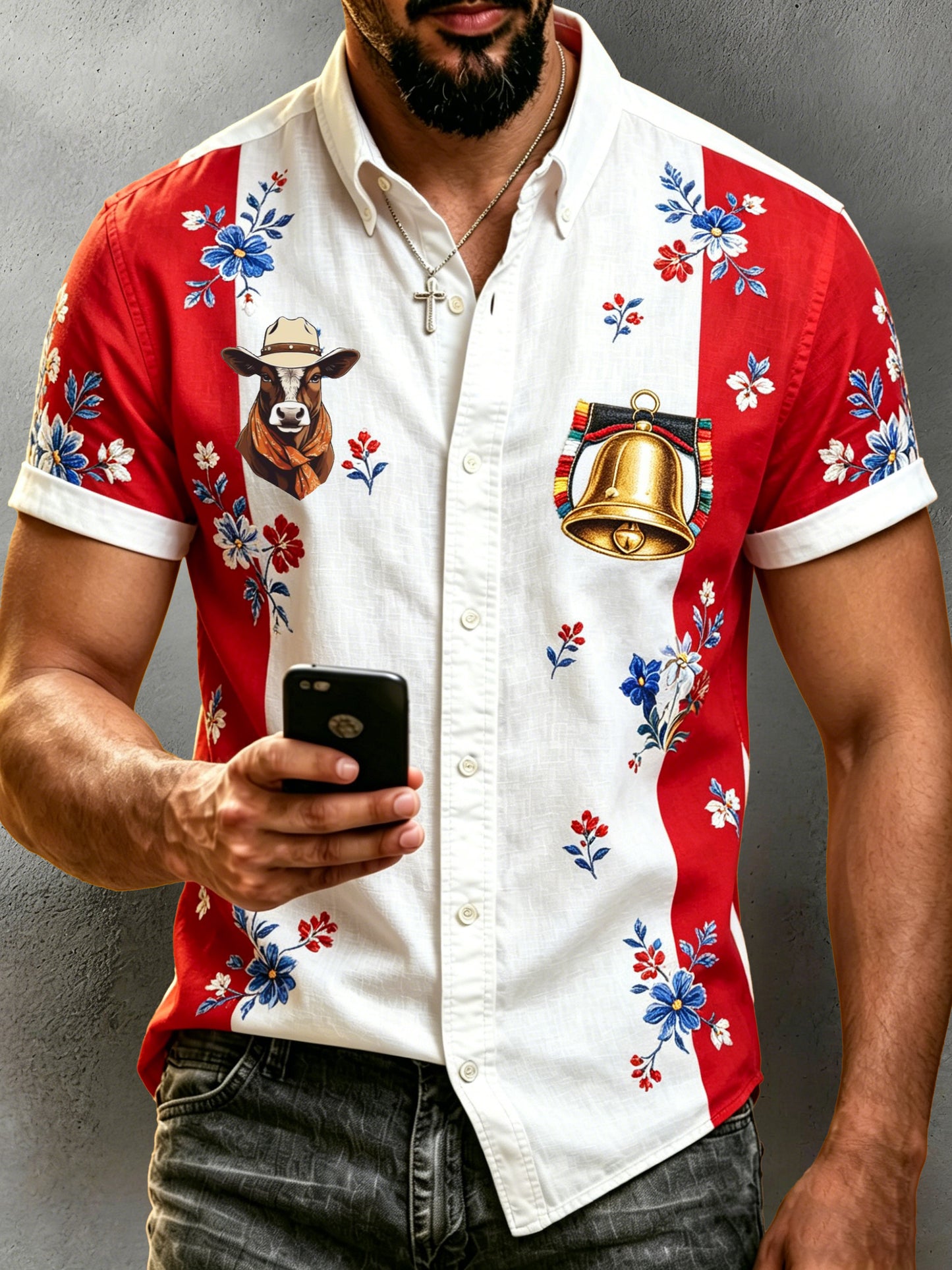 Herren-Shirt mit Schweizer Cartoon-Kuhmuster im Landhausstil, Kunstprint, Kurzarmhemd