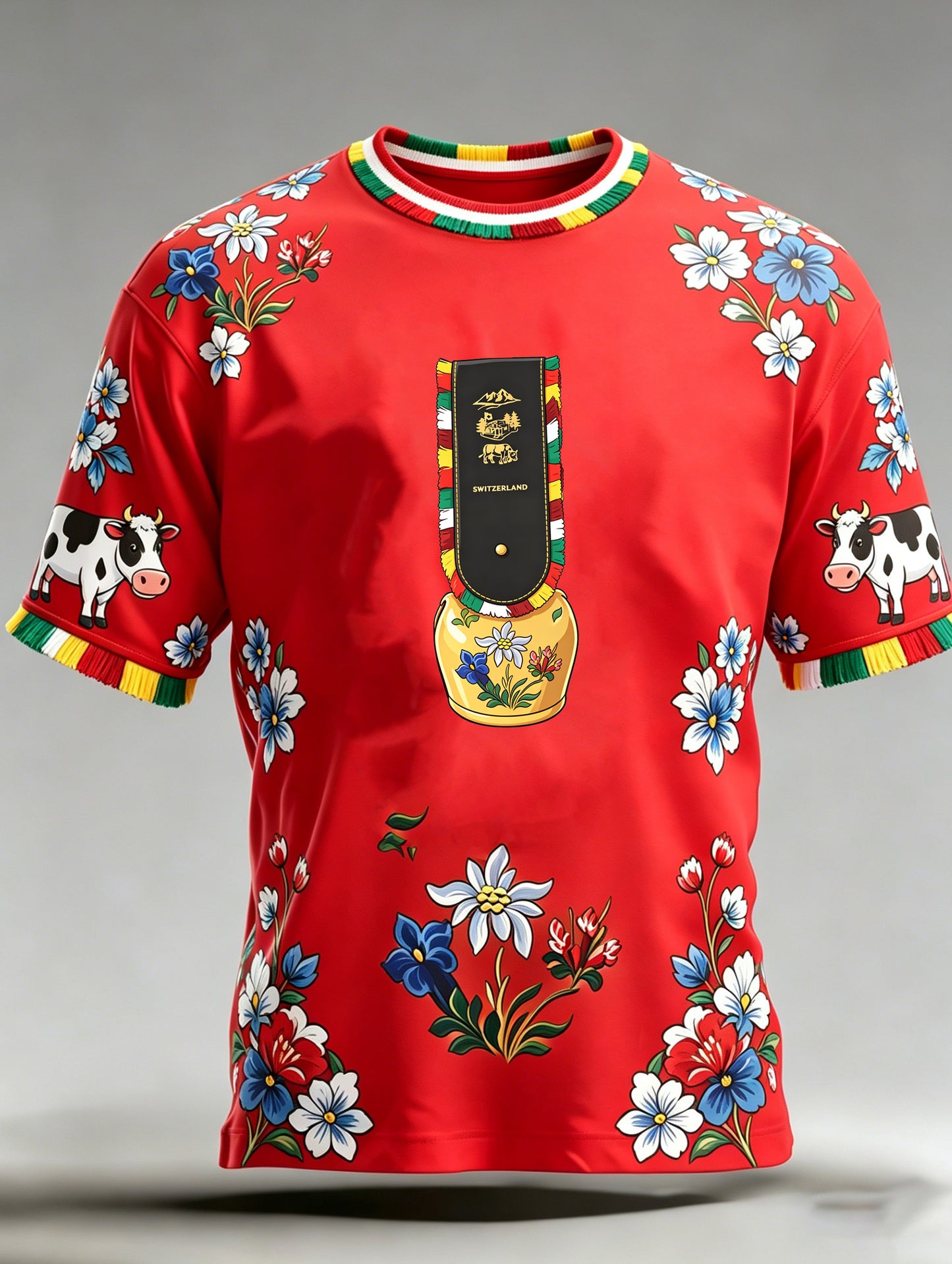 Herren-Schweizer Cartoon-Kuhmuster ländliche Kultur Kunstprint Kurzarm-T-Shirt