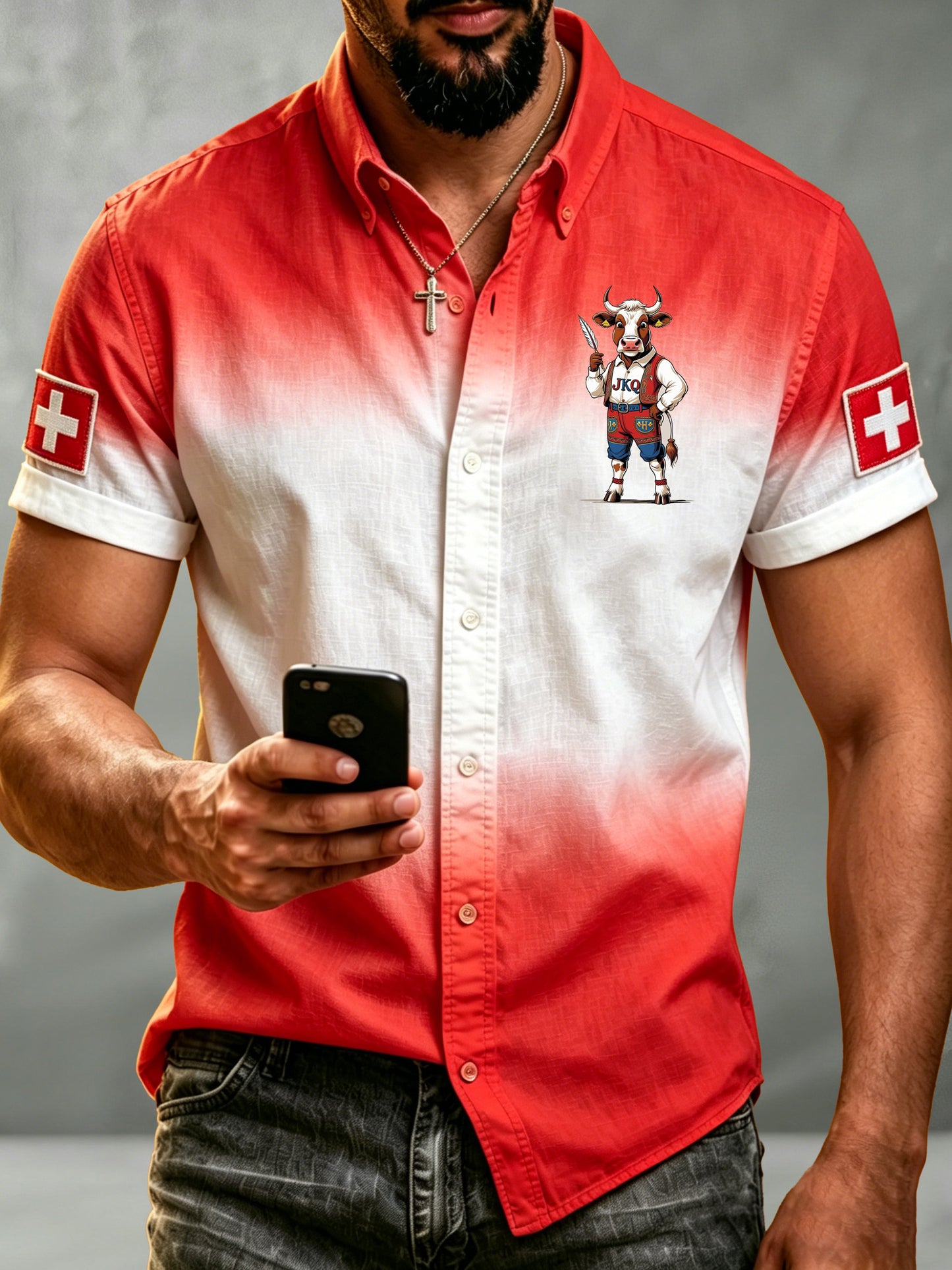 Herren-Shirt mit Schweizer Cartoon-Kuhmuster im Landhausstil, Kunstprint, Kurzarmhemd
