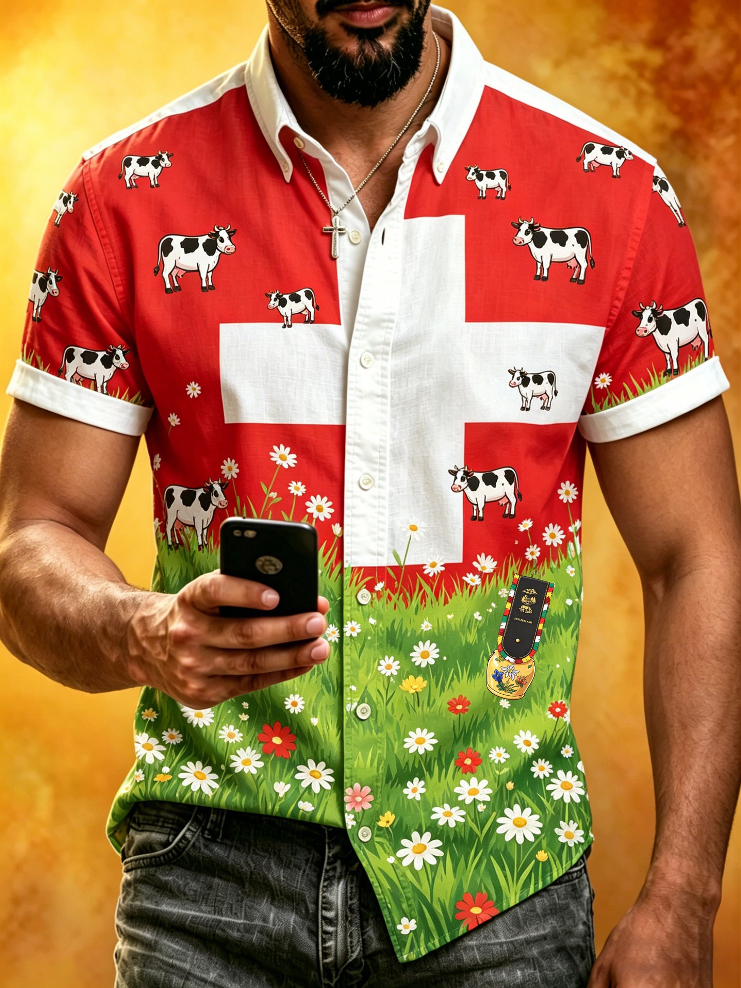 Herren-Shirt mit Schweizer Cartoon-Kuhmuster im Landhausstil, Kunstprint, Kurzarmhemd