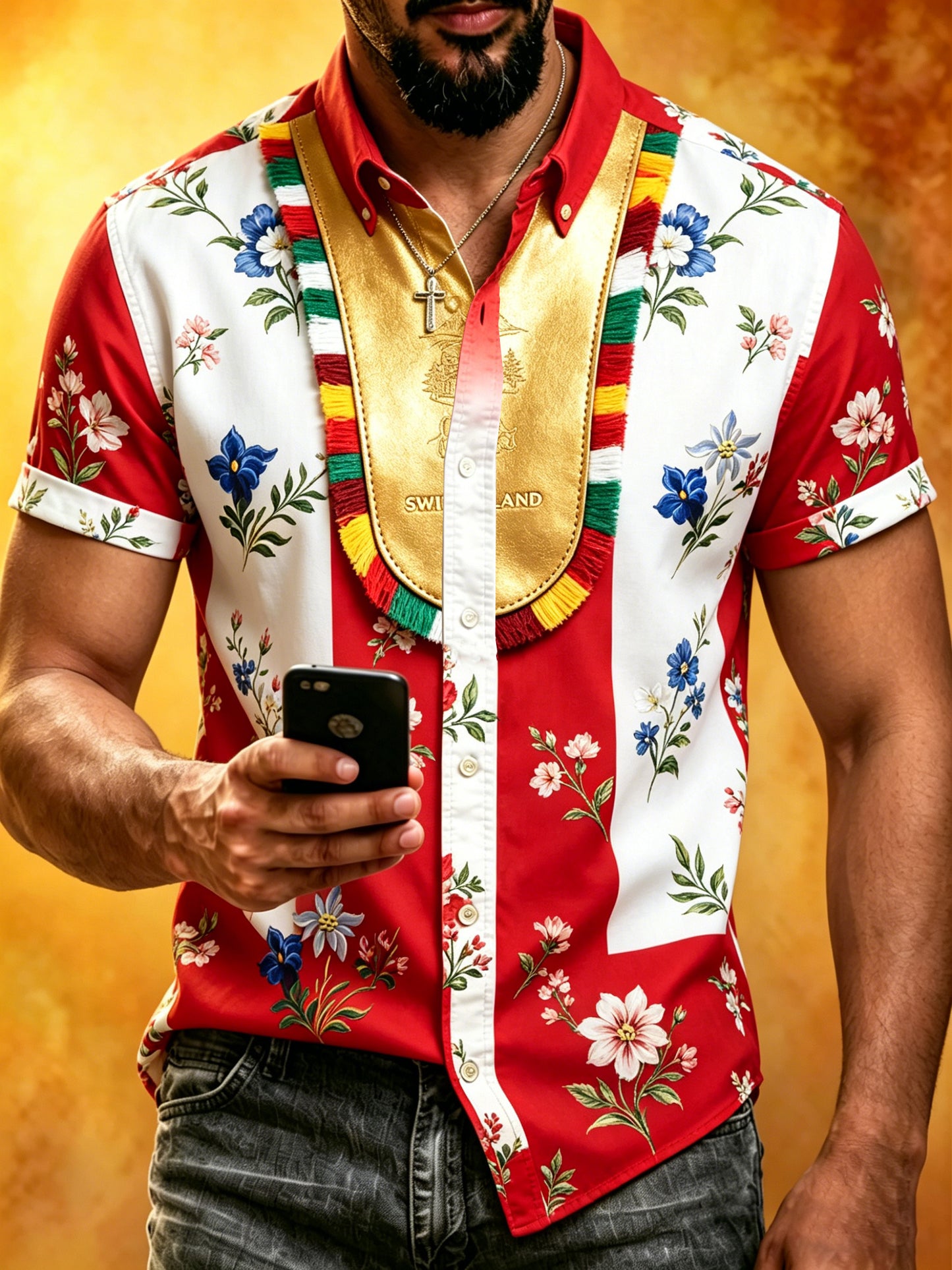 Herren-Shirt mit Schweizer Cartoon-Kuhmuster im Landhausstil, Kunstprint, Kurzarmhemd