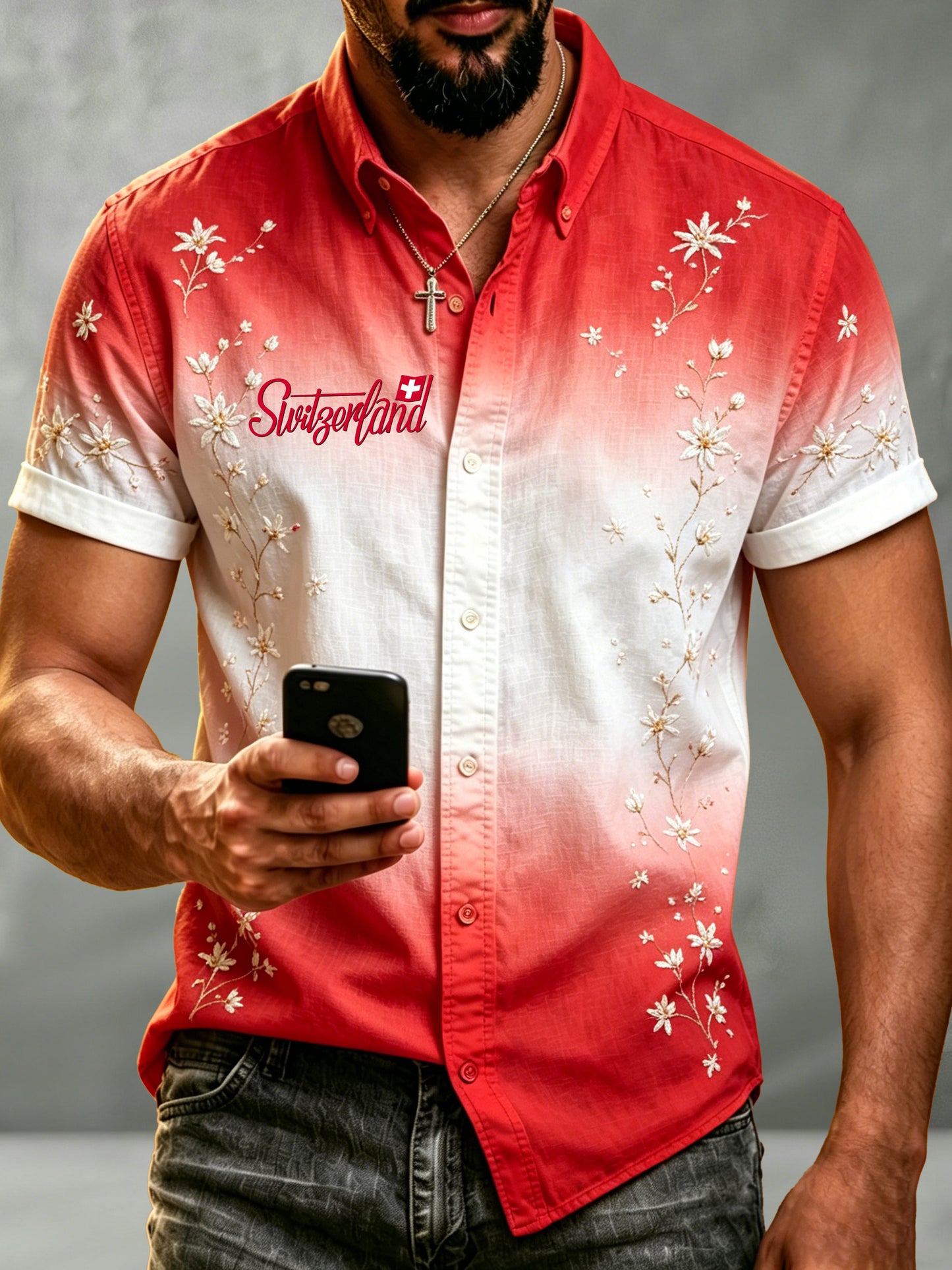 Herren-Shirt mit Schweizer Cartoon-Kuhmuster im Landhausstil, Kunstprint, Kurzarmhemd