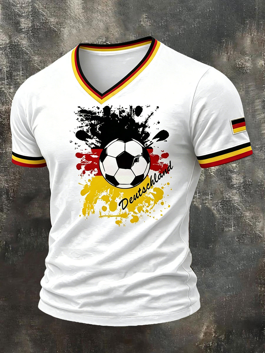 Herren T-Shirt mit V-Ausschnitt und deutschem Fußball druck Weiß