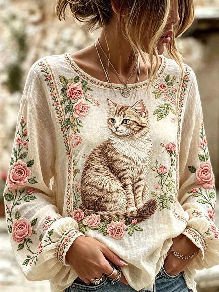 Damen-Hemd mit Katzenstickerei und Print