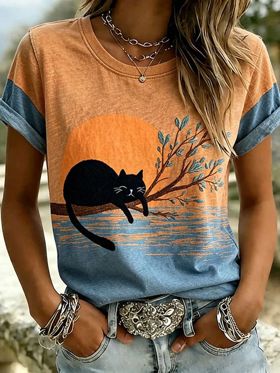 Damen-Casual-T-Shirt mit Katzenmuster