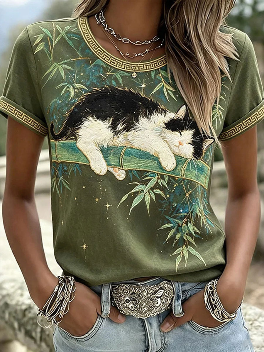 Damen-Casual-T-Shirt mit Katzen- und Tierstickerei sowie Print