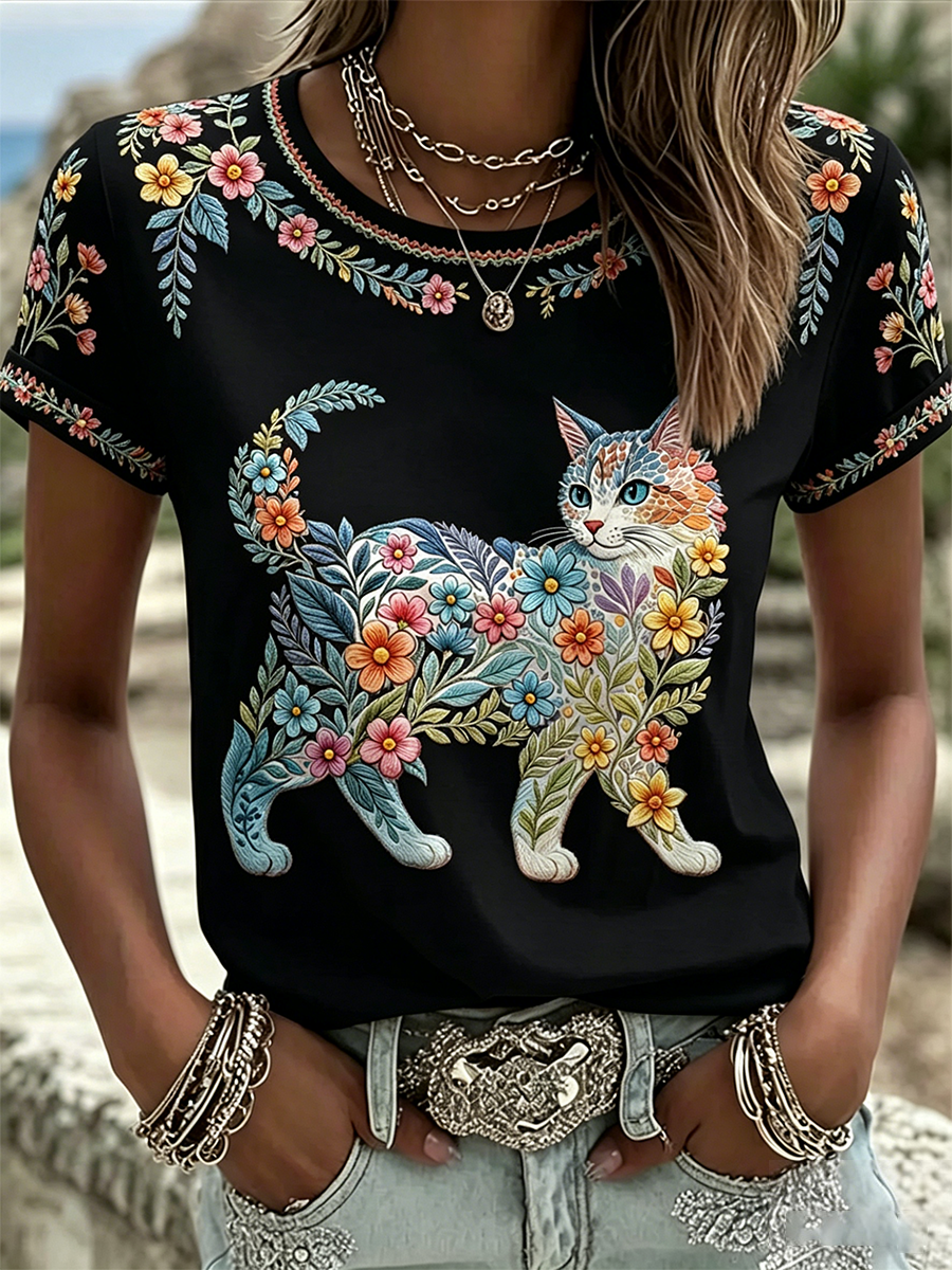 Damen-Floral-Katzen-Print-Casual-T-Shirt