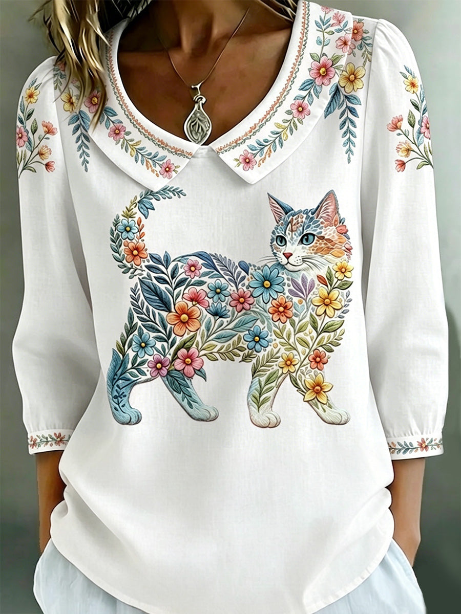 Damen-Floral-Cats-Print-Lässiges Top