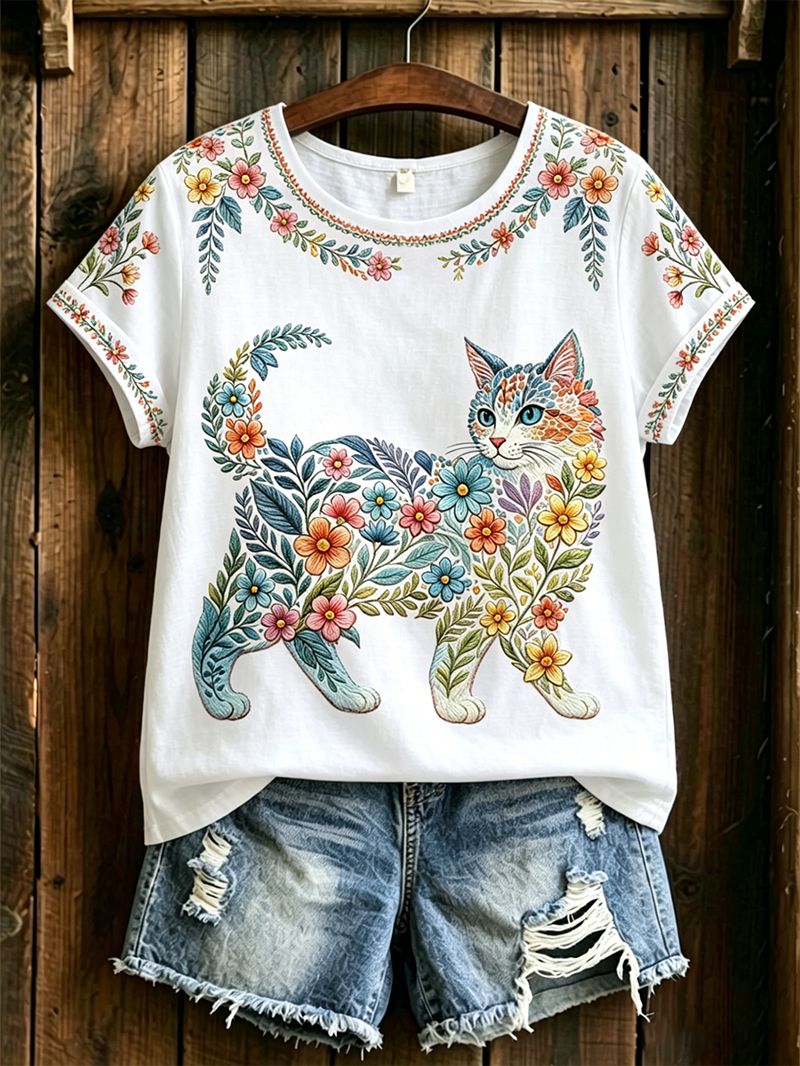 Damen-Floral-Katzen-Print-Casual-T-Shirt