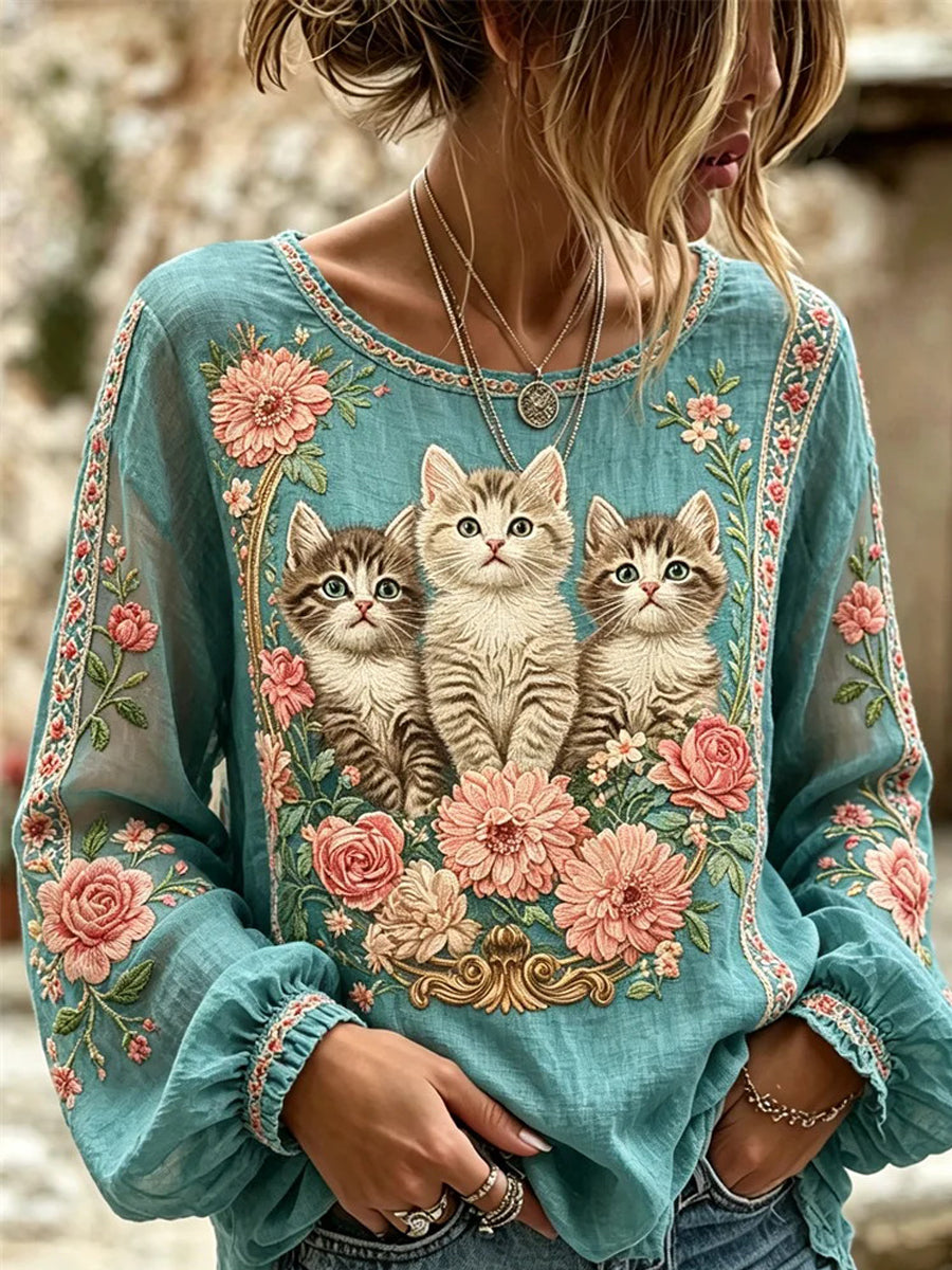 Damen-Hemd mit Katzenstickerei und Print