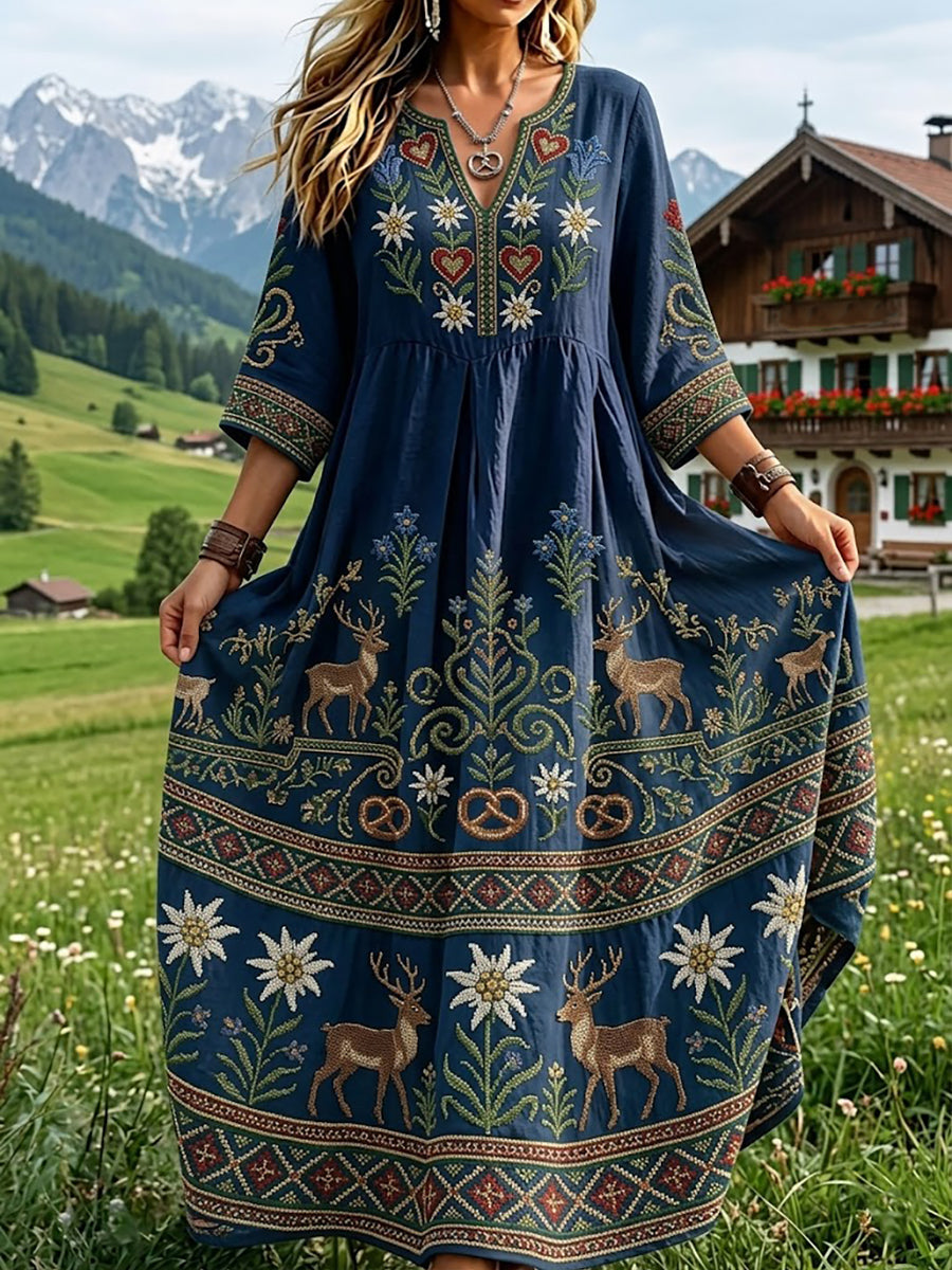 Damenkleid im bayerischen Stil mit floraler Kunstprint aus Leinen