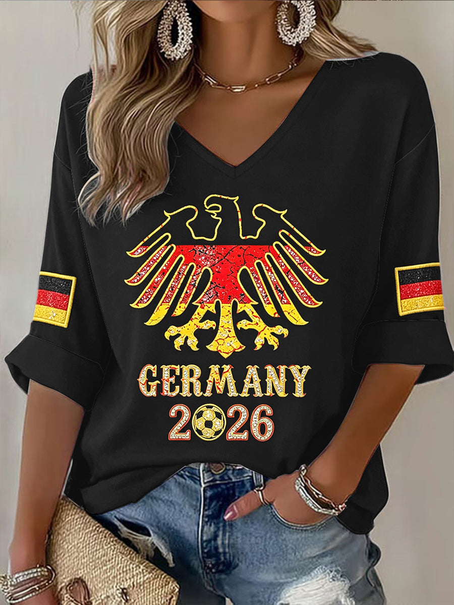 Damen Deutschland 2026 Fußball druck Freizeit T-Shirt mit V-Ausschnitt