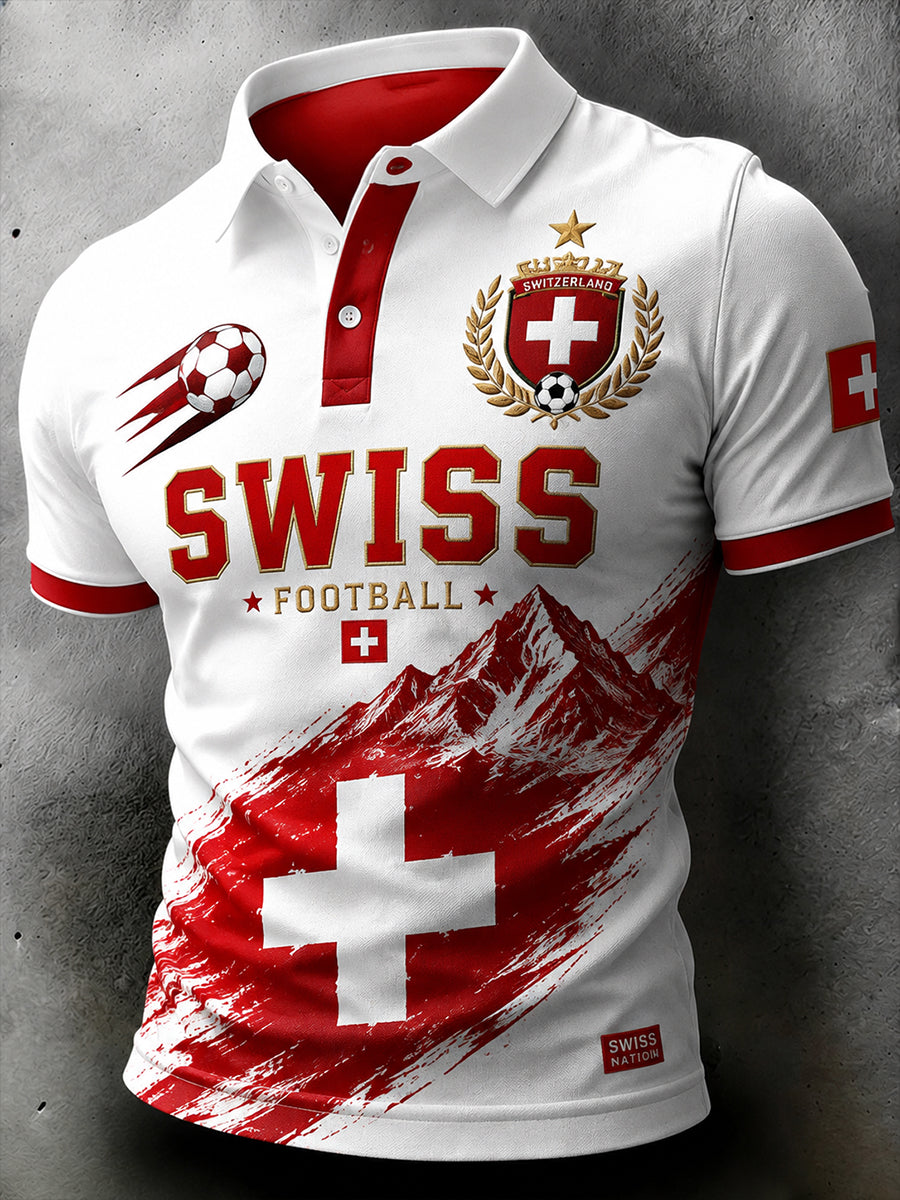 Herren-Poloshirt aus Waffelstrick mit kurzen Ärmeln und Fußballmotiv-Print