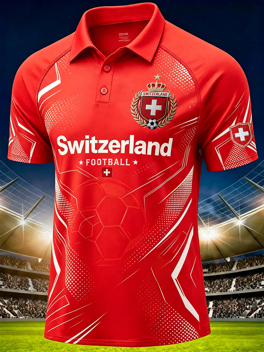 Herren-Poloshirt aus Waffelstrick mit Raglanärmeln und Fußballmotiv