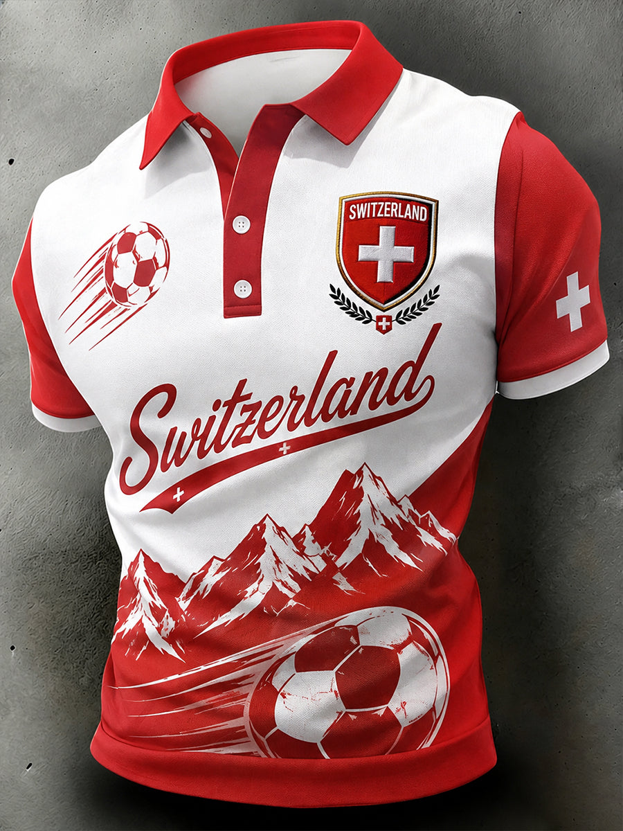Herren-Poloshirt mit kurzen Ärmeln und Fußball-Print