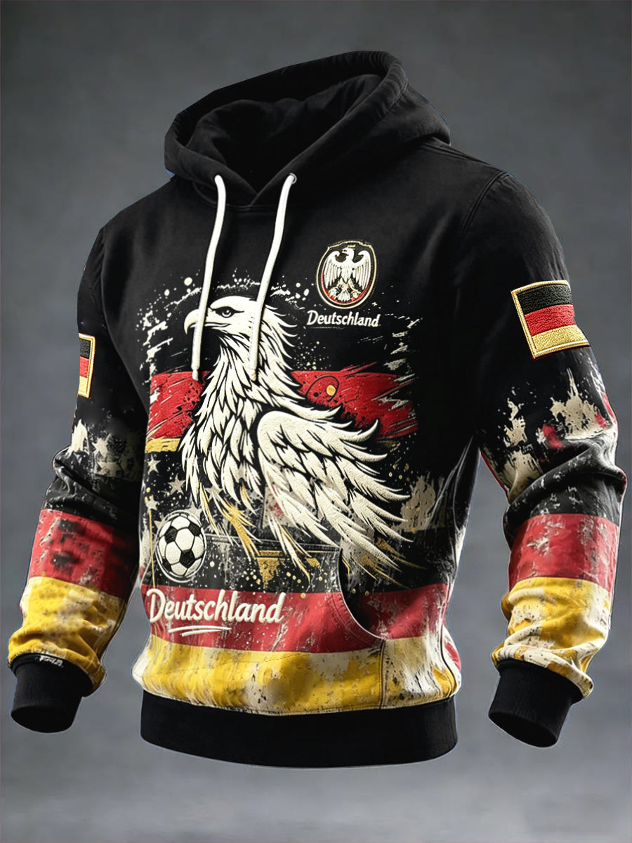 Herren Schwarz Vintage Deutscher Fußball Adler Print Casual Kapuzen Sweatshirt
