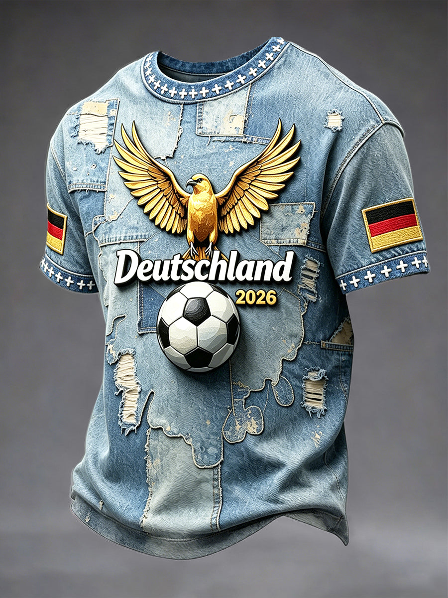 Herren Retro deutsches Fußball-inspiriertes Denim-Look-Patchwork-Print-T-Shirt