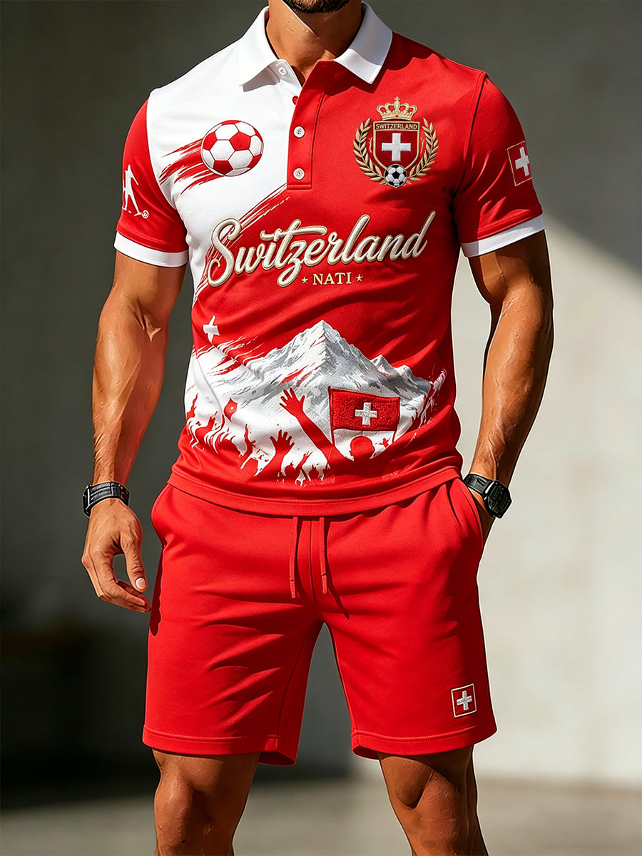 Herren-Poloshirt und Shorts-Set mit Fußballmotiv