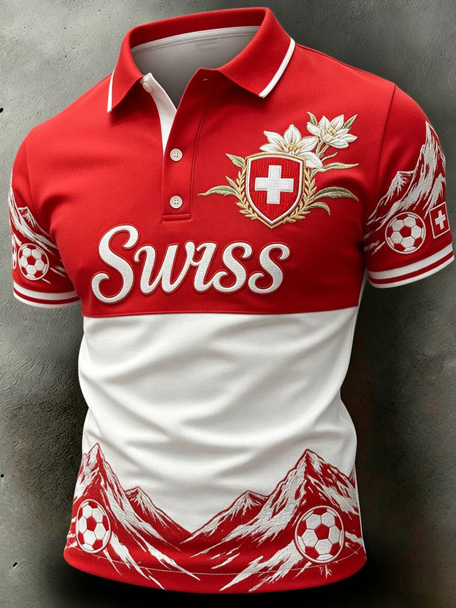 Herren Retro Schweizer Fußball Fan Kunstdruck Casual Polo Shirt