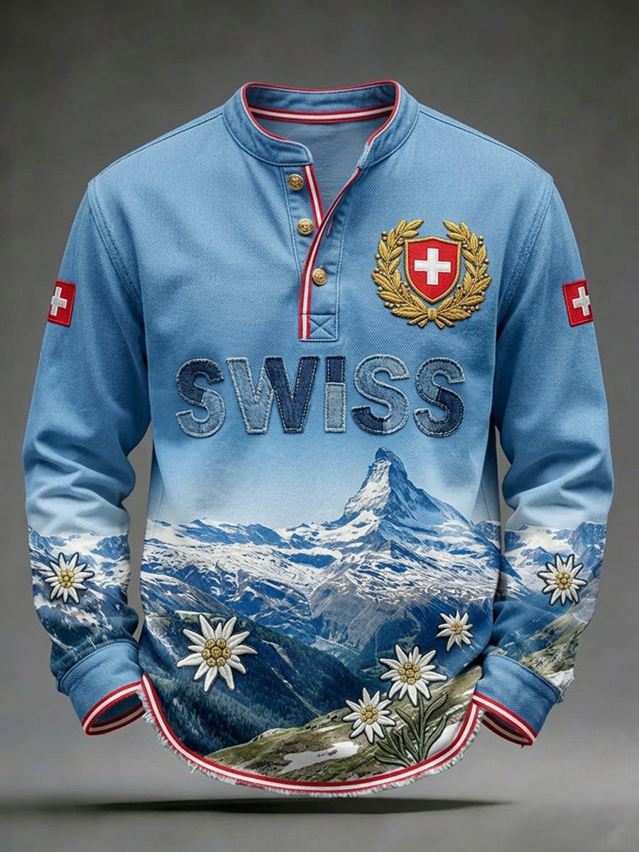 Herren-Longsleeve mit V-Ausschnitt und Landschafts- sowie Blumenmuster