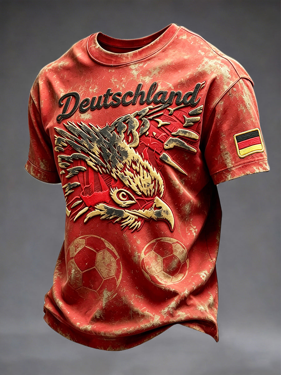 Herren Vintage Rot Deutscher Adler Fußball Print Freizeit T-Shirt