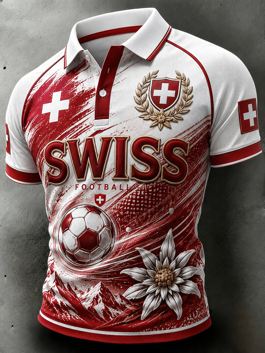 Herren-Poloshirt im Retro-Stil mit kurzen Ärmeln und kunstvollem Fußball-Print
