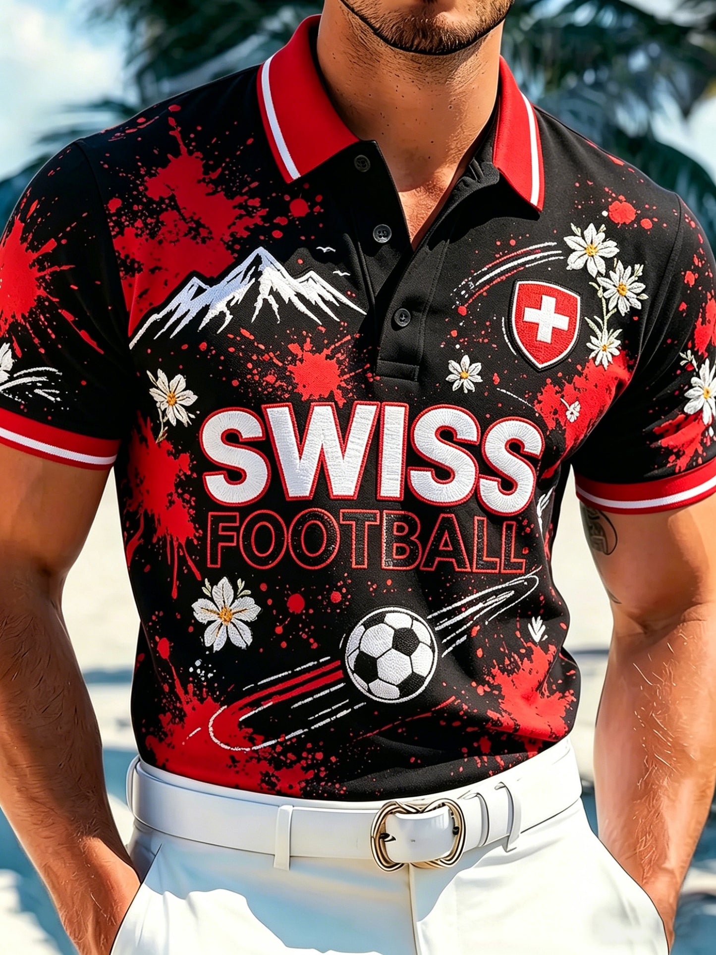 Herren-Schweizer-Fußballspiel-Anfeuerungs-Kunstdruck-Polo