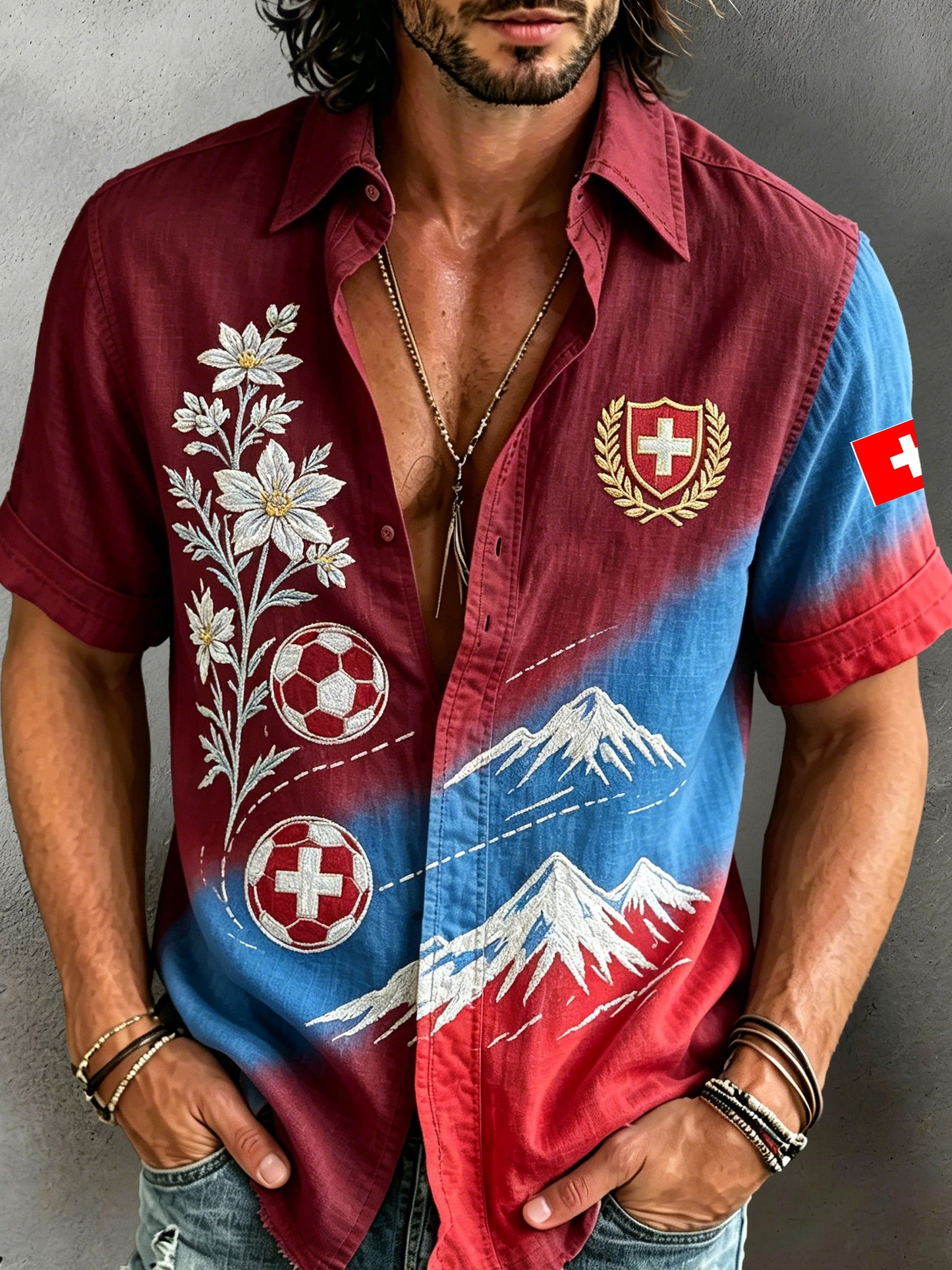 Herren-Schweizer Fußballspiel-Fan-Kunstdruck-Kurzarm-Shirt