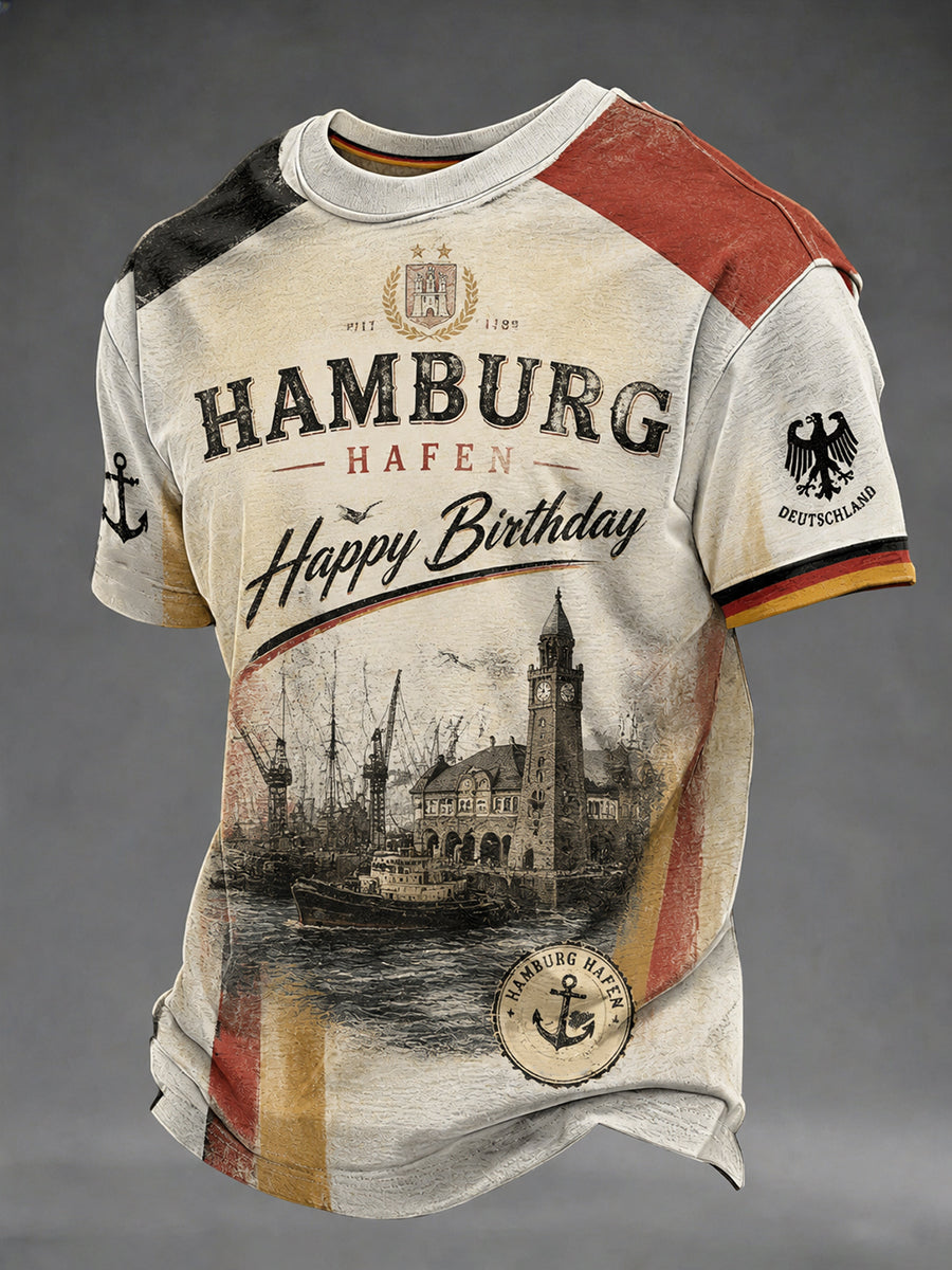 Herren-T-Shirt mit Hafen-Geburtstagsmotiv aus Hamburg