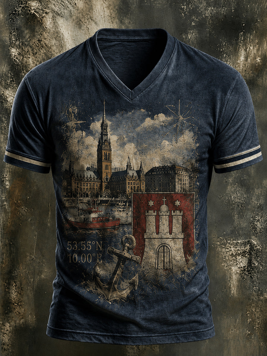 Herren Retro Hamburg City Harbour T-Shirt mit V-Ausschnitt