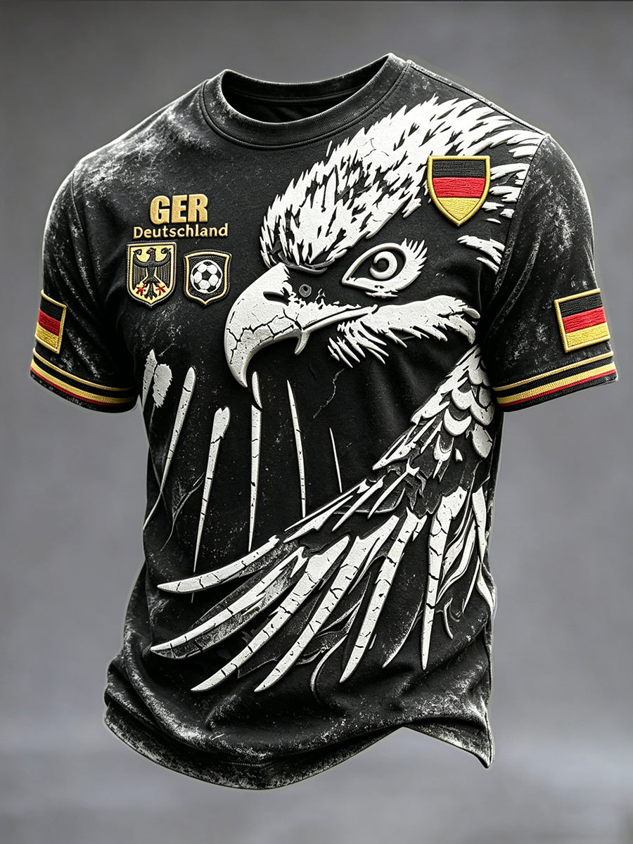 Herren-T-Shirt im Vintage-Stil, schwarz, lässig, mit deutschem Fußball-Eagle-Print
