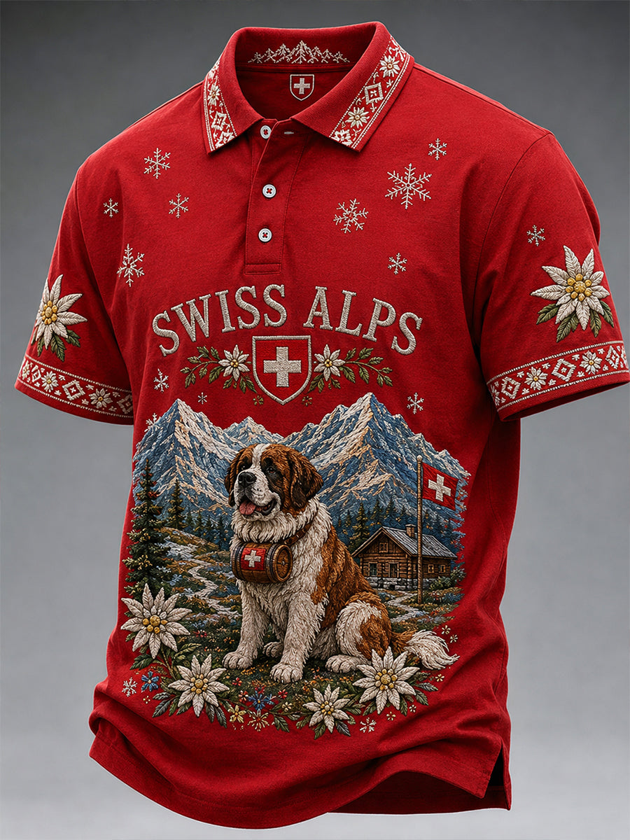Kurzärmliges Polos hirt für Herren mit Schneeberg-, Tier-und Blumen druck