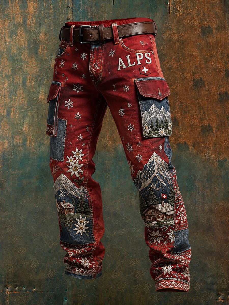 Herren-Cargo hosen mit Schneeberg-Blumen-Patchwork-Print