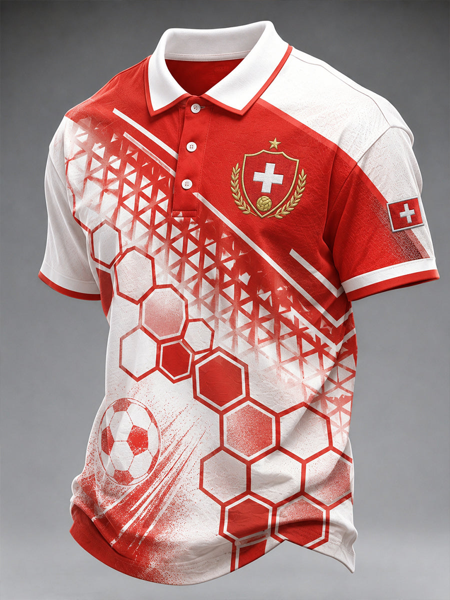 Herren-Poloshirt mit kurzen Ärmeln und Fußball-Print