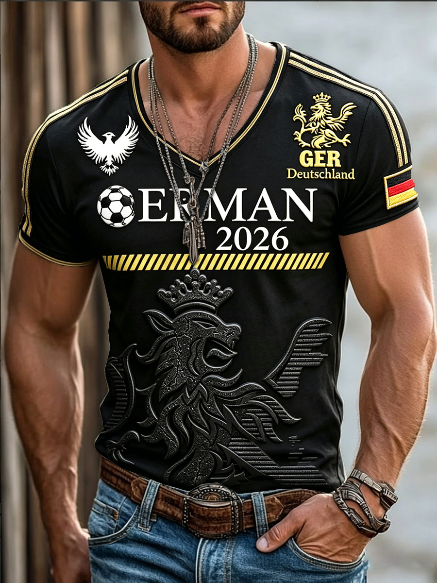 Herren Schwarz Deutschland 2026 Fußball druck Lässiges T-Shirt mit V-Ausschnitt