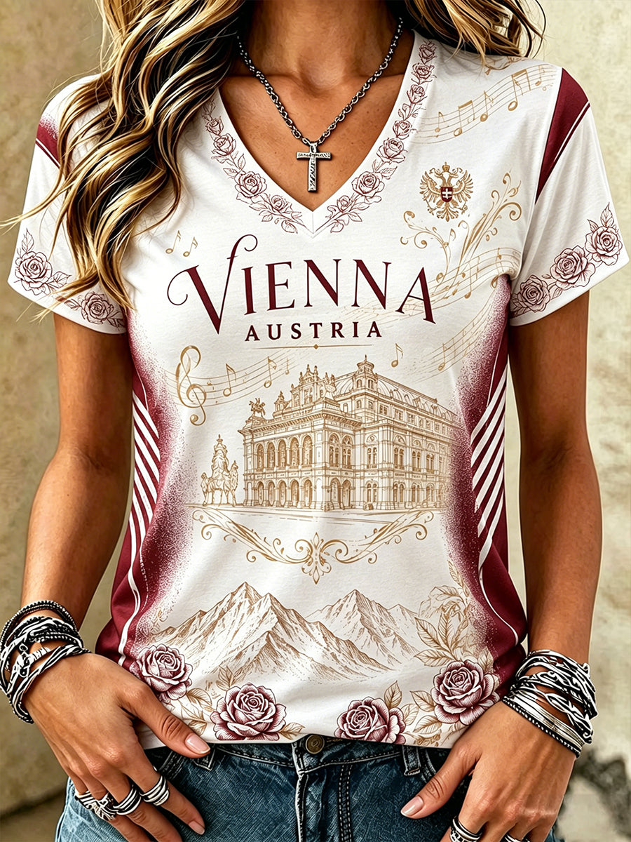 Damen Österreich Fußball bedrucktes lässiges T-Shirt mit V-Ausschnitt