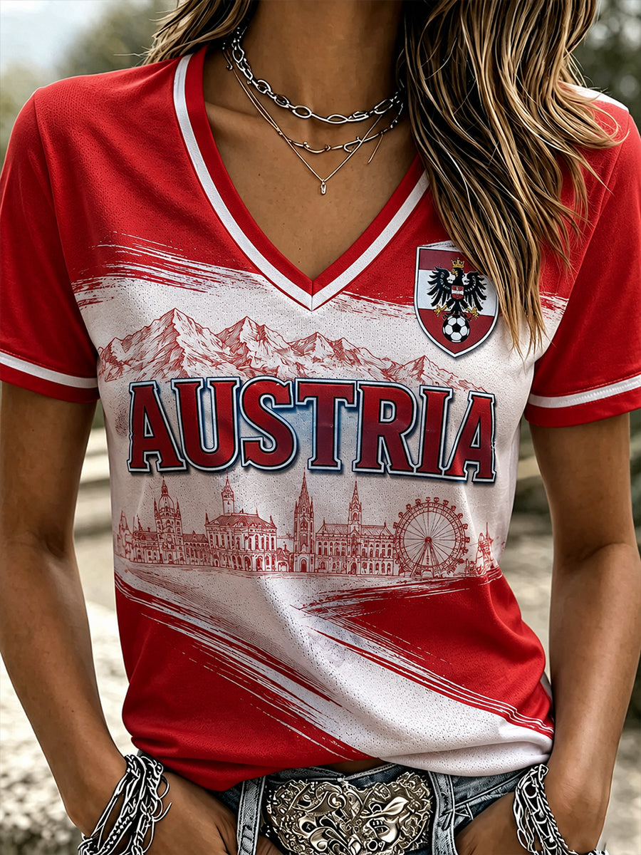 Damen-T-Shirt mit Österreich-Fußballmotiv, lässig, V-Ausschnitt